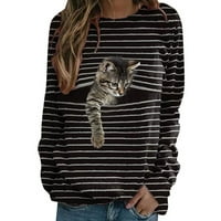 Дамски ежедневни дълъг ръкав обло деколте котка печат шев тениска Топ пуловер за есен зима
