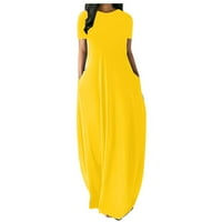 Niuer жени екипаж ший плюс размер макси рокли с джобове солиден цвят лятния плаж sundress longly long Ressing yellow 2xl