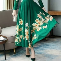 Клирънс Летни рокли за жени флорални Кръгли деколте А-линия дълга свободна рокля дълъг ръкав зелено 3хл