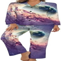 Галактика в космоса Дамски пижами комплект Бутон надолу спално облекло пижама комплект шезлонг облекло Нощен костюм с джоб