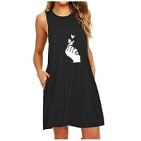 Дамски рокля джобни печат без ръкави за ежедневен рожден ден Ден на майките Подаръци Летни рокли за жени Черно XL