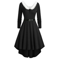 Черна рокля жени Коледа -Plush панел с дълъг ръкав v яка асиметрична парти рокля есенни рокли за жени черни рокли за жени