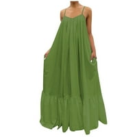 Жени плюс размер жени модни ежедневни солидни каишки рокля за каишка джоб, свободна беззакорна рокля с голяма люлка зелено