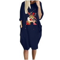 Gotyou Dresses Women Fashion Casual Stitching Christmas Antlers Print Long-Sleeved Loose Pockets Dress Navy XXXXXL