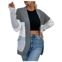 Мода Дамски суитчър ежедневни в-врата извити голям джоб пуловер Контраст цвят Пуловер Палто сиво с