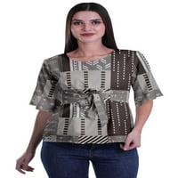 Moomaya отпечатан кръгъл връх за врата за жени лакътни ръкави блуза туника официално износване