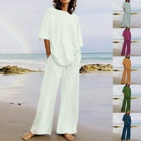 Женски летни тоалети Плътни цветни къси ръкави пуловер Топс тениска с широки панталони за краката панталони салон за йога йога на хлабина