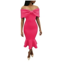 Жени без ръкави със средна дължина модна солидна обвивка лято рокля извън рамото горещо розово s