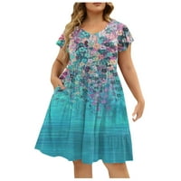 Просвета летни рокли за жени Кръгло деколте над коляното темперамент A-Line Отпечатана рокля с къс ръкав Blue XXXL