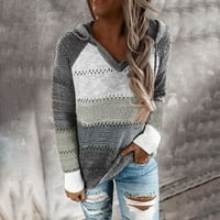 Hoodie Crop Top V Neck Женски пачуърк Графичен пуловер пуловер с дълъг ръкав Цвят Блок Голяма отгоре за жени Сиво 3XL