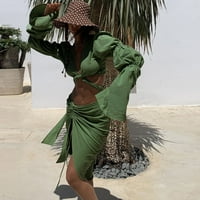 Puawkoer V-образно деколте с прорез гоп ръкав пола къса талия дълга женска ежедневна рокля дамски върхове l зелено
