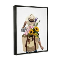 Ступел индустрии жена извършване флорални раница разнообразни слънчогледови цветове графично изкуство струя черно плаваща рамка платно печат стена изкуство, дизайн от Амелия Нойс