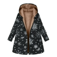 Небрежни палта за жени зимни дебели палта топла качулка връхни дрехи Модни коледни копчета за печат изходни дрехи с джоб черен XL