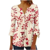 Дамски блузи клирънс дамски летни в-врата Плюс размер случайни три-четвърти ръкав флорални печатни туника ризи Нагънат Блуза