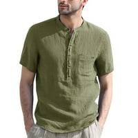 Пуавкоер Мъже пролет и лято твърди топ риза ежедневни памук бельо Стойка яка топ ваканция джоб с къс ръкав риза мъжки дрехи Армия зелено
