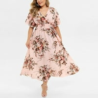 SoyxZCC женски рокля летни рокли за жени ежедневна люлееща рокля къса ръкав плаж Sundress Loose Midi рокля Бохемски флорален печат плюс размер рокля розово