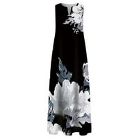 Дамски рокли за свободно време флорален отпечатан свободен прост стил maxi v шия без ръкави с джобове дишащо rela fit sundress за дамски