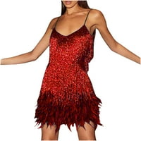 Жените Плюс размер рокля Жените мода Жартиери Пайети перо без ръкави Твърди мини рокля парти рокля клирънс червено 6