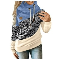 Дамски качулки суичър контраст ръкав качулка дълги сплайс върхове каишка ежедневна леопардова качулка пуловер