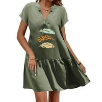 Бохо рокля за жени слънчева рокля v-образно деколте с къс ръкав флорално зелено l