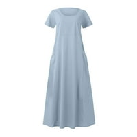 Tking fashion жени лятна небрежна бохо солиден цвят рокля тениска с джобни къси ръкави о-максимални макси рокли Sky Blue S