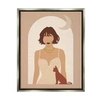 Ступел индустрии жена и котка арка форма силует Луна мотив графично изкуство блясък сив плаваща рамка платно печат стена изкуство, дизайн от бреза и мастило