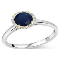 Gem Stone King 1. Ct кръгла син сапфир G-H Lab отглежда диамант 10K бяло златен пръстен с жълто злато Prongs