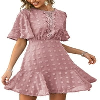 Дамска рокля с къс ръкав Дантела Пачуърк куха от точка модел малка коса топка декор Едно парче рокля
