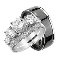 Неговият и нейният трио стерлингов сребърен черен титаниев сватбена лента годежен пръстен 6 9