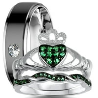 Неговият нейният келтски сватбен пръстен трио симулиран изумруден булчински комплект сребро черен черен 316l го стомана