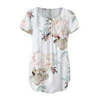 Дамски летни блузи елегантни ежедневни с къс ръкав бутон деколте графични тениски Флорални печатни редовно годни удобна туника блуза за гамаши бели с