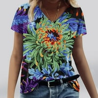 Daqian Clearance ризи за жени жени ежедневни тениски флорални отпечатани v-образно деколте с късо ръкав Блуза върхове дамски плюс размер върхове Просвение синьо 8