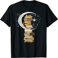 Четене по лунна светлина, книги, кафе и сладка тениска за котка за жени графики ежедневни екипажи Черни ризи Tee