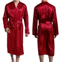 Мъжка копринена сатенена дълга роба, Олекотен кимоно Халат за мъже с два джоба, нощница м-ххл, червена
