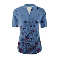 Дамски върхове с къс ръкав отпечатана блуза ежедневни жени лято тениски с V-образно деколте сини 2xl
